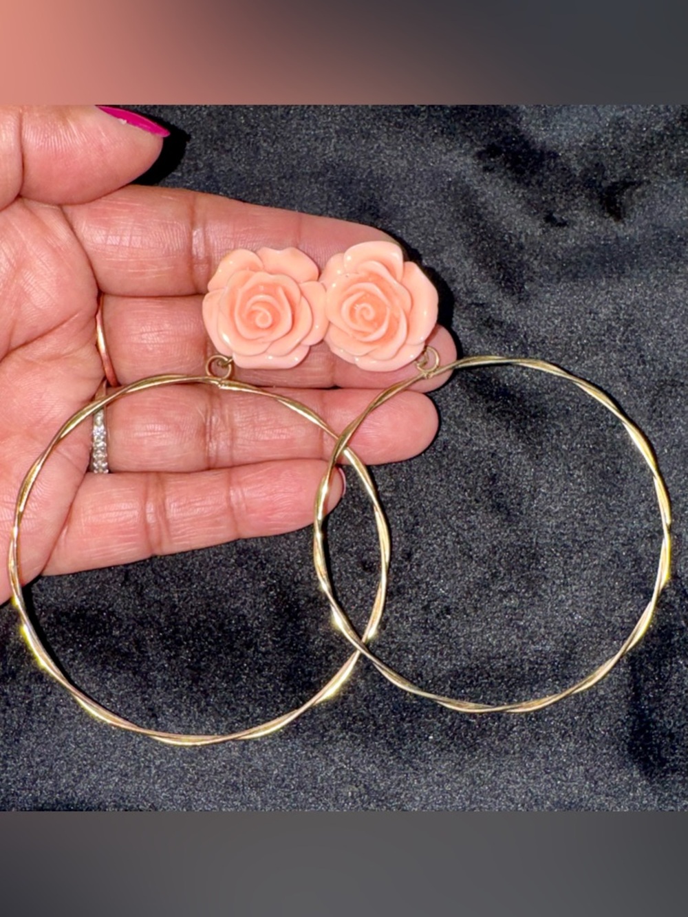 Peach Flower Stud Gold Twisted Hoop Earrings